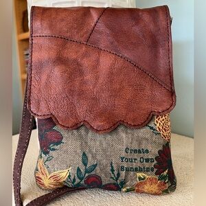 Mona B Floral Canvas Crossbody Bag Scalloped Brown Leather Flap